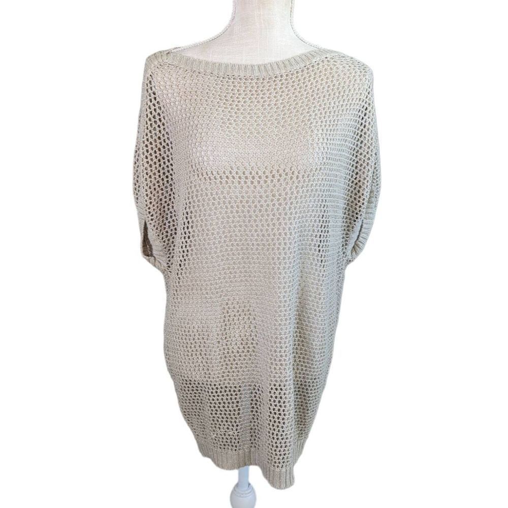 Tommy Bahama Women's Open Knit Boat Neck Sheer Pullover Tunic Sweater Tan Small